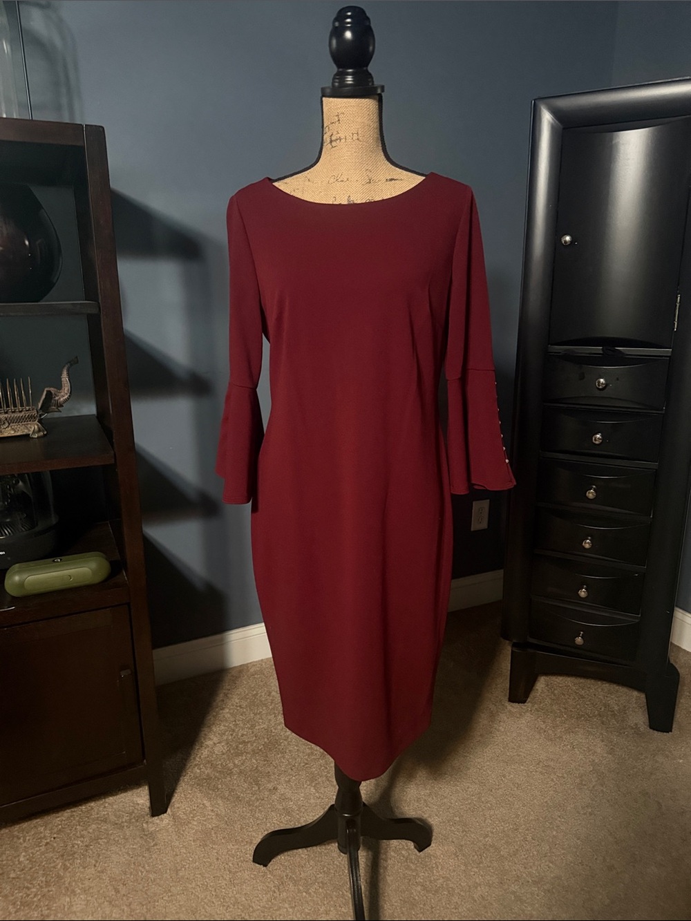 Calvin Klein Burgundy Midi Sheath Dress with Flared Sleeve Detail